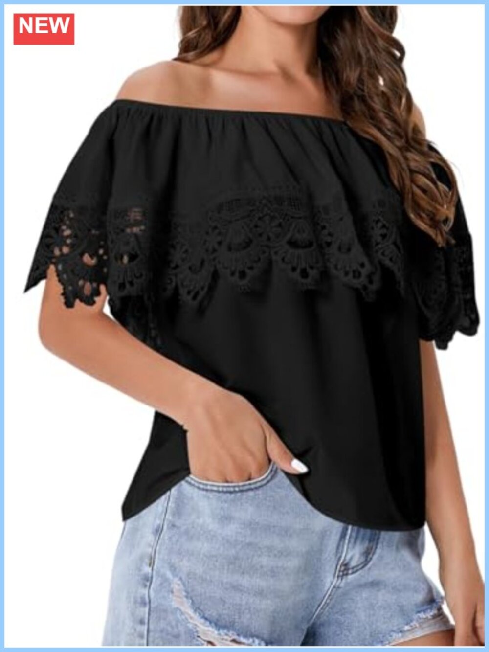 Off Shoulder Lace Ruffle Trim Short Sleeve Blouse Casual Top